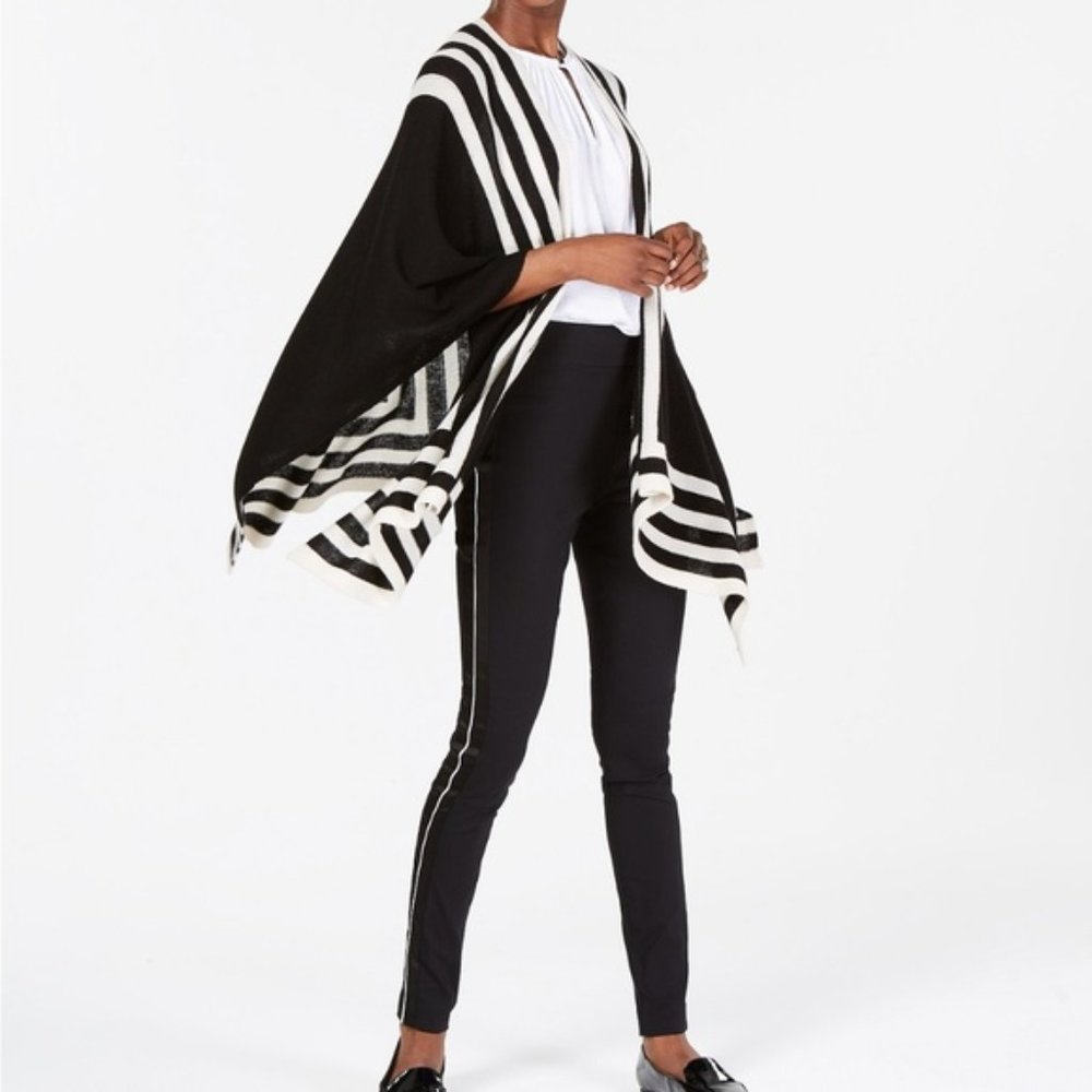 Charter Club Cashmere Poncho Open Front Wrap Black White Striped Loose Warm Cozy